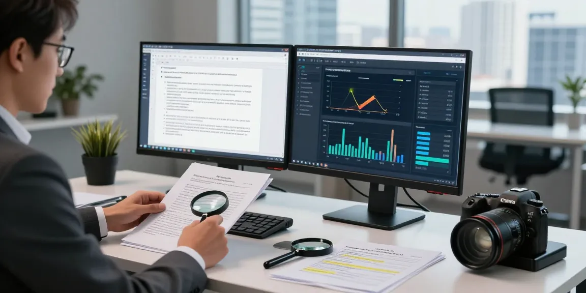 Document fraud detection analysis in a modern workspace with dual screens and printed materials.