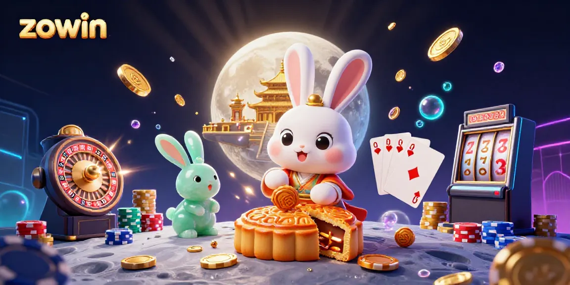 Zowin presents a vibrant 3D scene featuring a moon rabbit joyfully revealing poker chips, capturing the essence of online gaming.