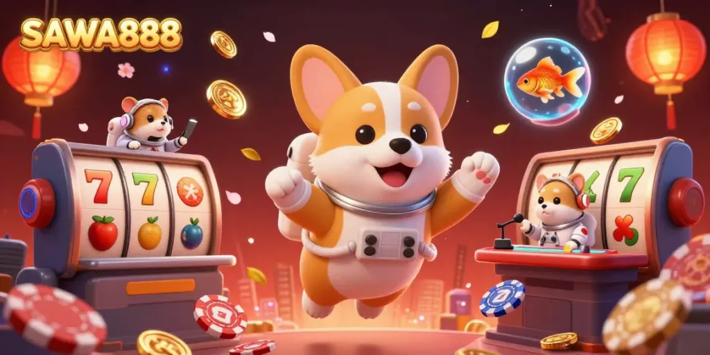 SAWA888 introduces a fun casino experience with a floating corgi in space, surrounded by vibrant slot elements.