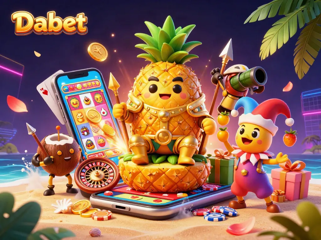 Dabet's golden pineapple king presides over a vibrant casino scene filled with exciting games and treasures.