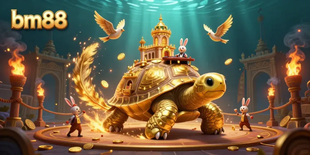 Experience the excitement of bm88 with a golden tortoise casino scene featuring a rabbit dealer.
