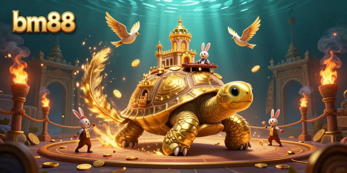 Experience the excitement of bm88 with a golden tortoise casino scene featuring a rabbit dealer.
