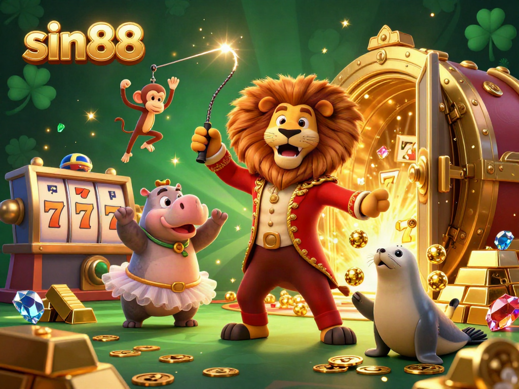 Experience thrilling games at sin88 with a vibrant 3D circus scene featuring a lion, a hippo, and a monkey.