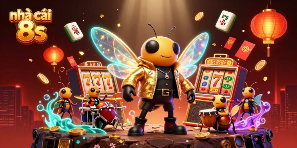 Engaging illustration of Nhà cái 8s highlights with vibrant casino-themed characters and dynamic game elements.