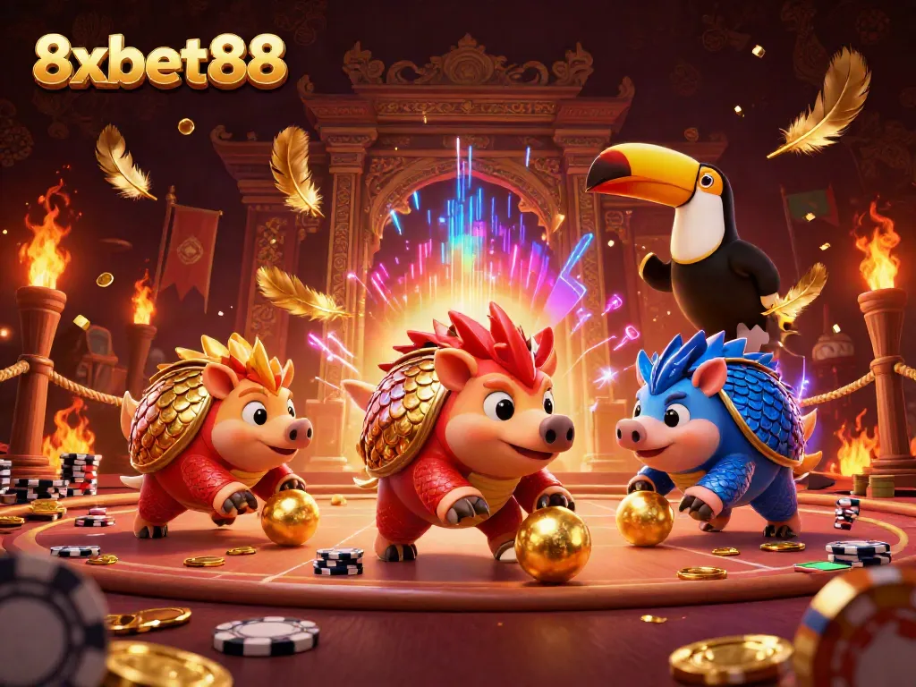 Rival pangolins compete in a vibrant 8xbet88 casino scene, rolling golden balls amid poker chips.