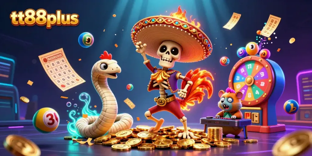 Engage in gaming fun at tt88plus with a lively scene showcasing lottery elements and characters.