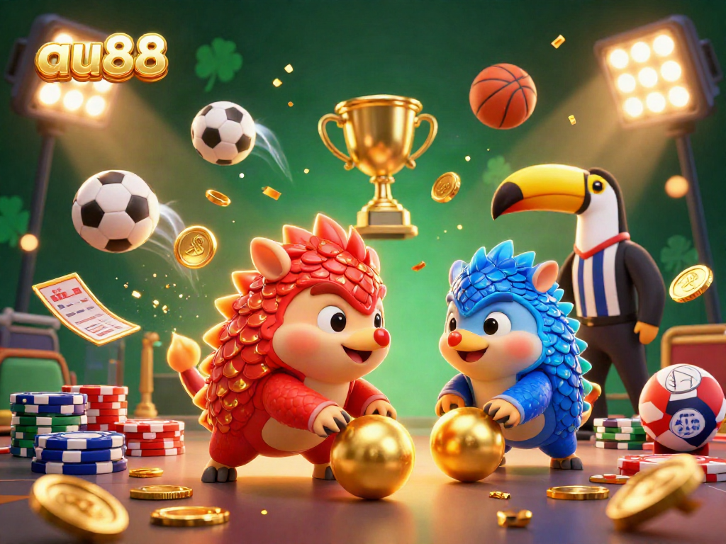 Experience thrilling gameplay with au88 in this action-packed casino scene featuring cartoon pangolins competing amid coins and chips.