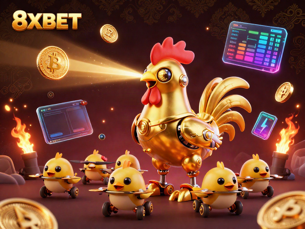 Engage in thrilling gameplay with 8XBET featuring dynamic robots and vibrant crypto elements.