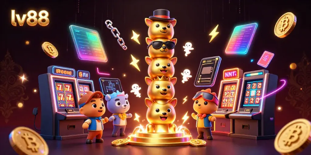 Engage with LV88's casino games and crypto elements in a vibrant 3D illustration.
