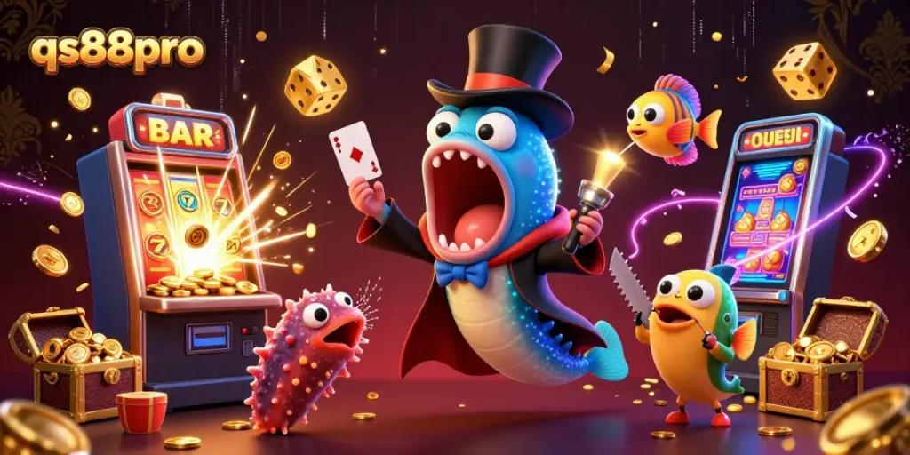qs88pro showcases a vibrant casino scene with a deep-sea gulper eel performing magic tricks among bursting slot machines.
