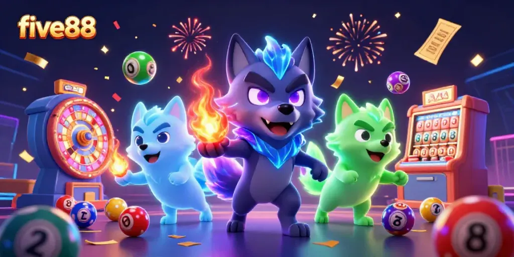 Engage with five88's thrilling atmosphere in a vibrant casino scene featuring animated characters and gambling elements.