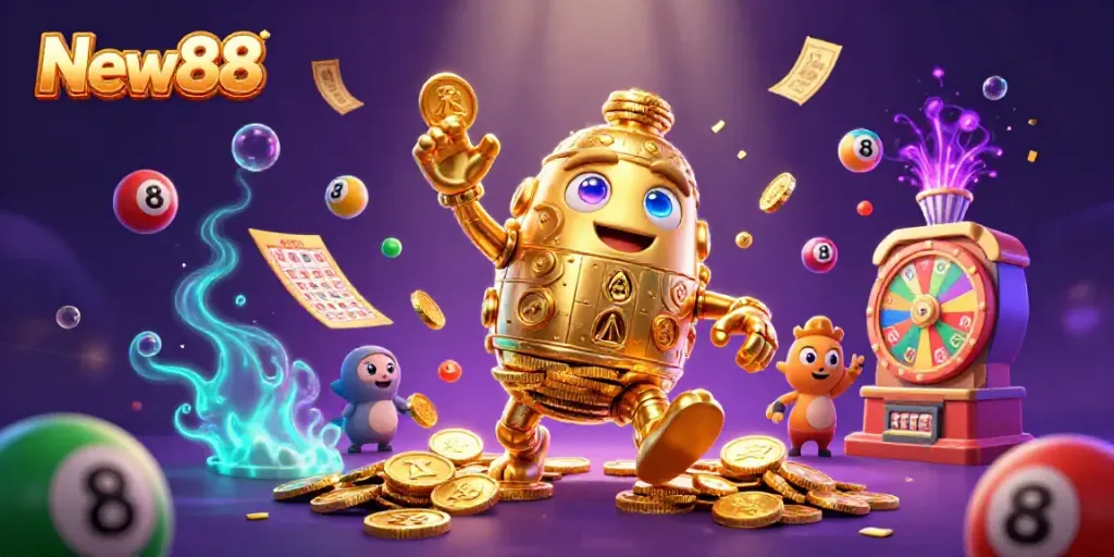 Experience the excitement of New88 with vibrant casino elements and a stunning gold golem character.