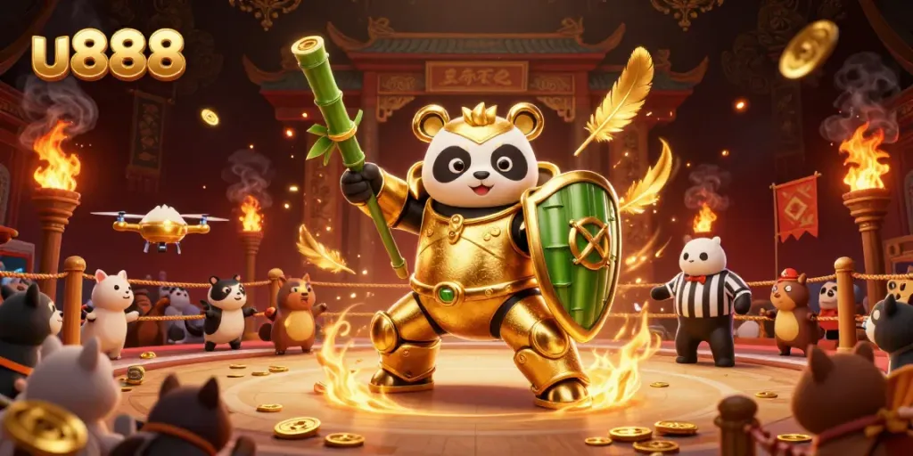 Win big with u888 in an electrifying cockfighting arena featuring dynamic characters and gold elements.