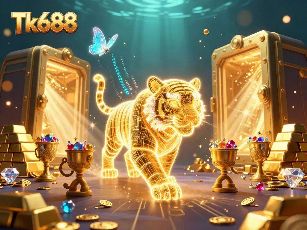 Experience the vibrant gaming environment at Tk688 with a golden tiger and treasure in a dazzling casino scene.