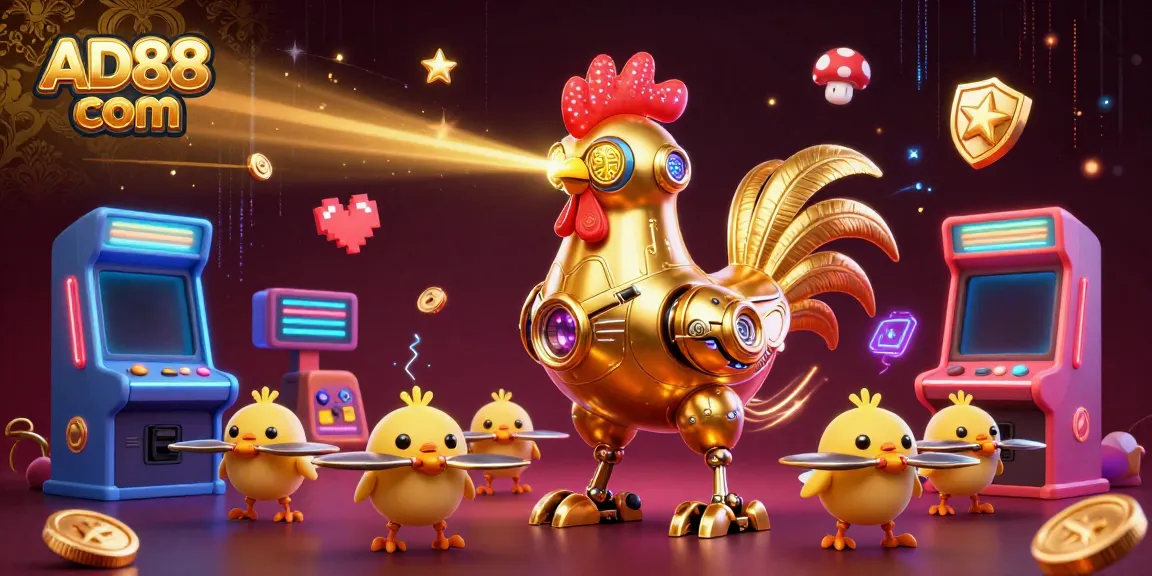 Engage in thrilling games at AD88 com with unique 3D gaming visuals showcasing an energetic rooster robot and arcade machines.