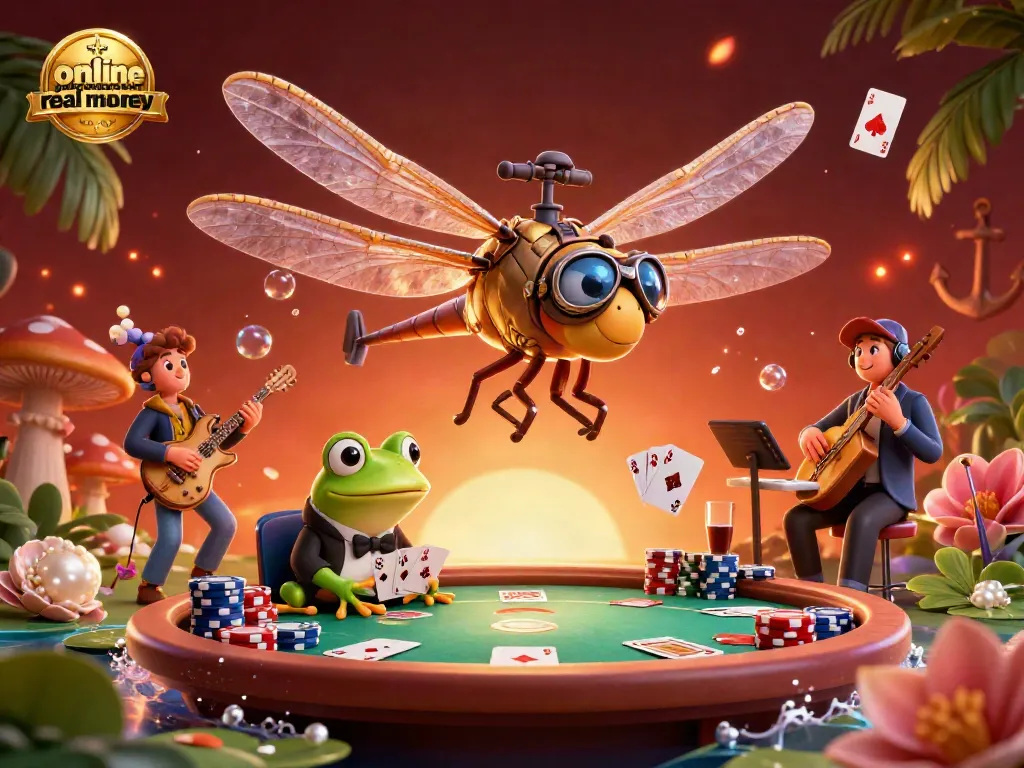 Engage in online poker games for real money with a lively, colorful casino scene featuring a dragonfly pilot and frog croupier.