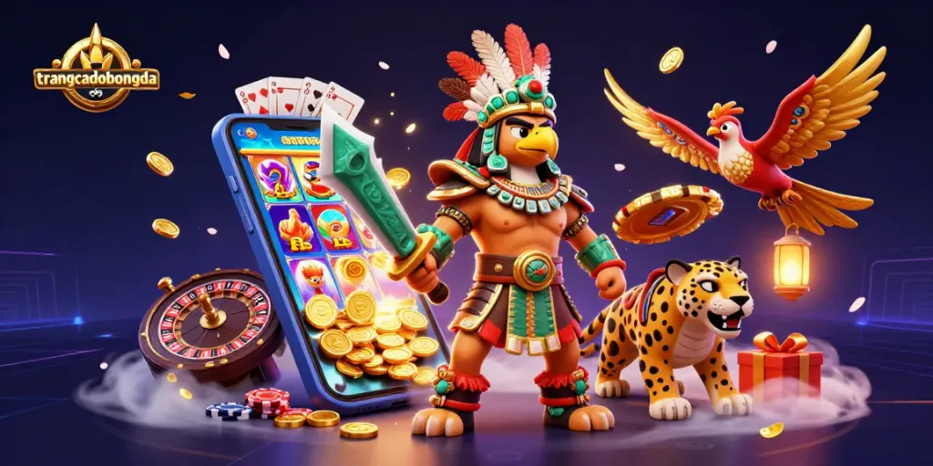 Engage with the excitement of trangcadobongda through a vibrant 3D casino illustration featuring characters and dynamic game elements.