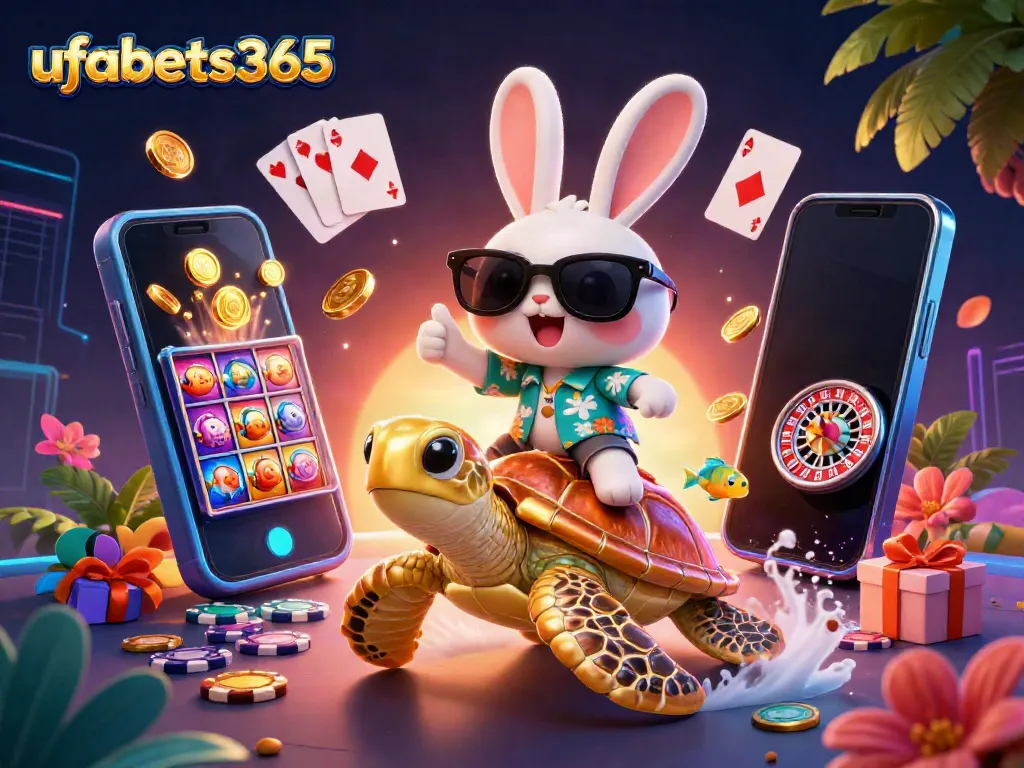 Experience the excitement of ufabets365 with a lucky rabbit and golden sea turtle in a vibrant casino scene.