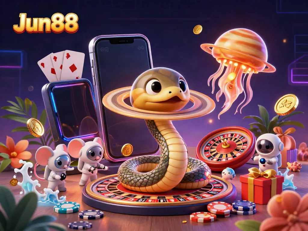 Experience Jun88's vibrant casino world with a Saturn-themed roulette and animated characters.