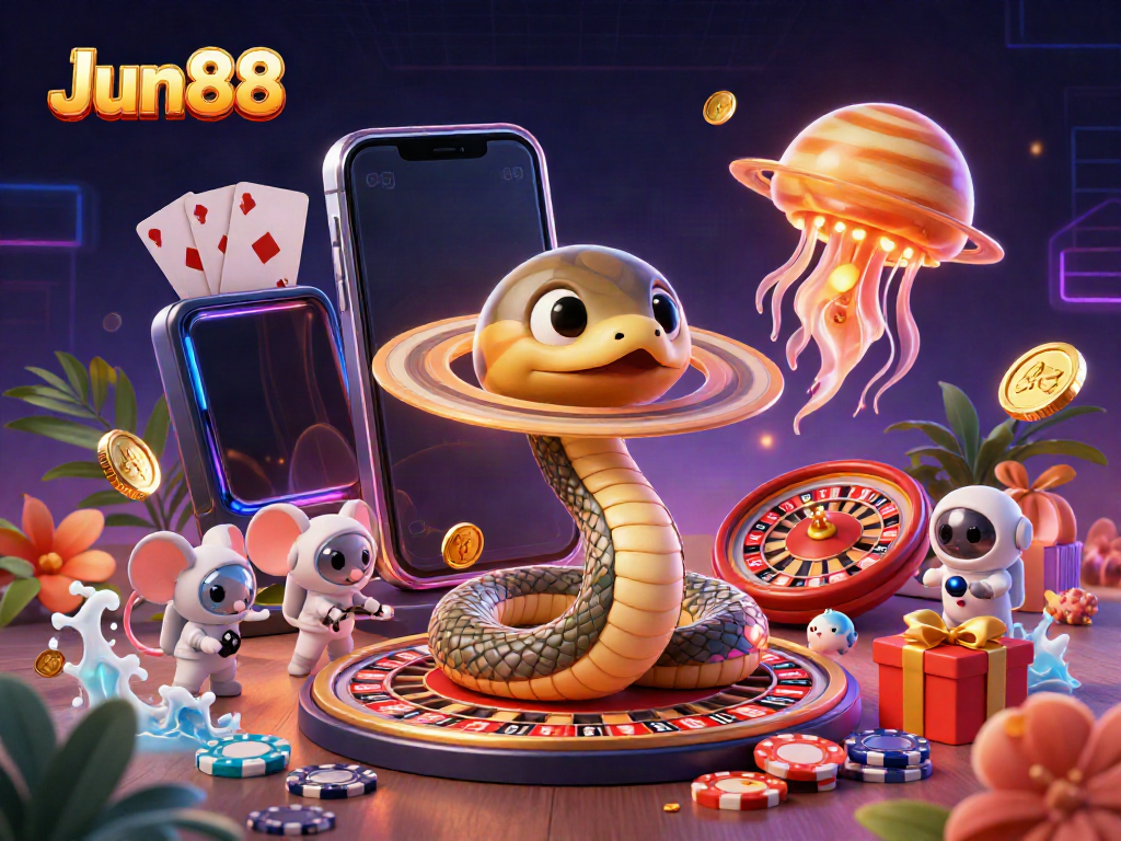Experience Jun88's vibrant casino world with a Saturn-themed roulette and animated characters.