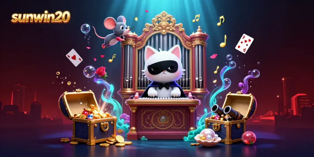Experience the captivating world of sunwin20 with a rich 3D casino scene featuring treasure chests and vibrant gaming elements.