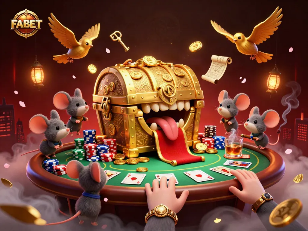Engage with FABET's exciting casino experience featuring cartoon treasure, poker elements, and dynamic characters.