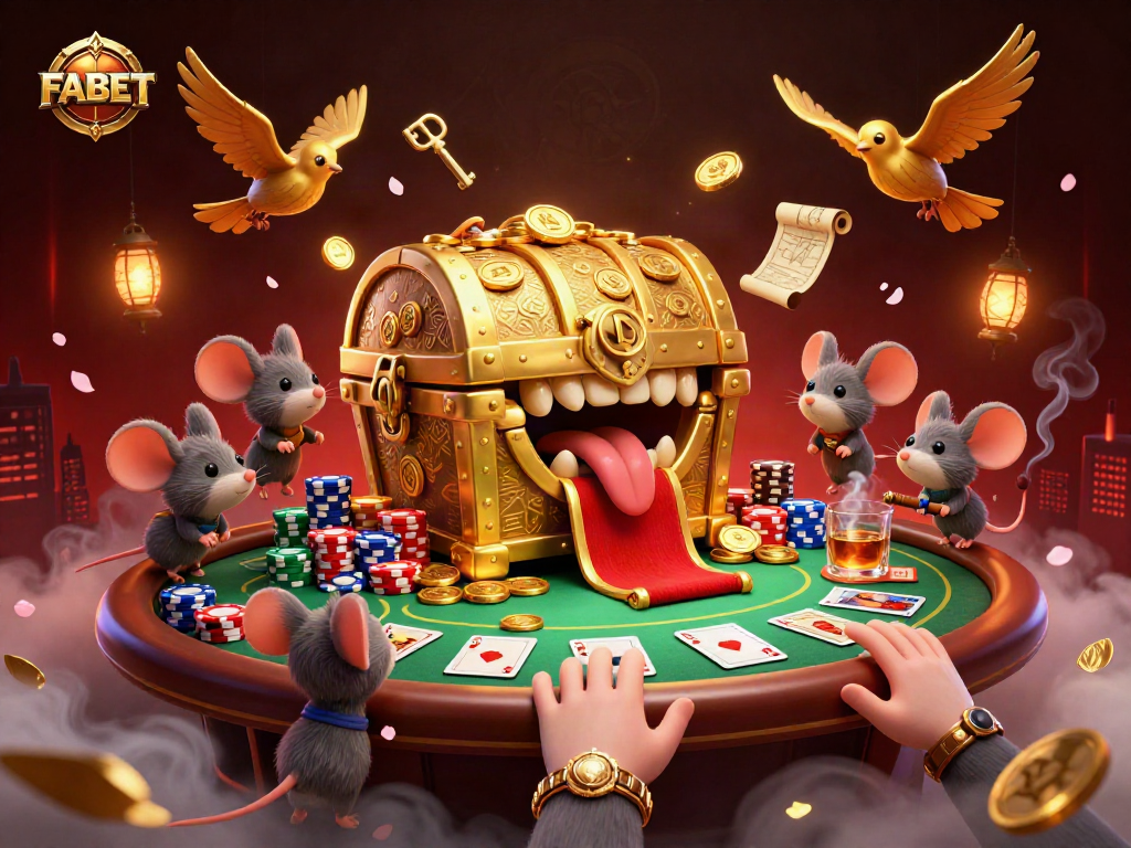 Engage with FABET's exciting casino experience featuring cartoon treasure, poker elements, and dynamic characters.