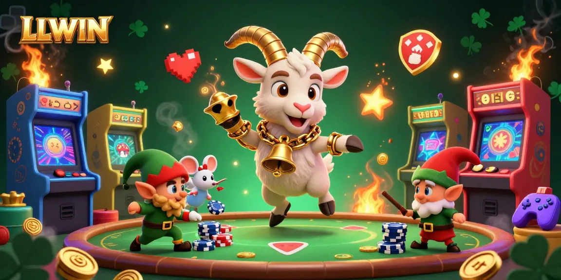 Engage in thrilling gameplay at LLWIN with the cartoon Krampus goat, angel mouse, and mischievous elf gremlins stealing chips.