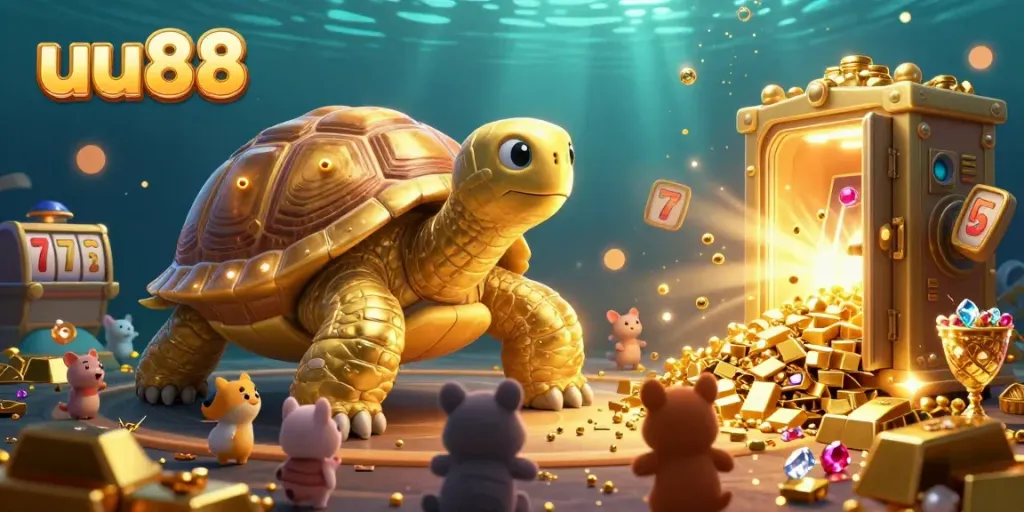 Experience the excitement of uu88 with a vibrant 3D illustration showcasing jackpot slots and treasure.