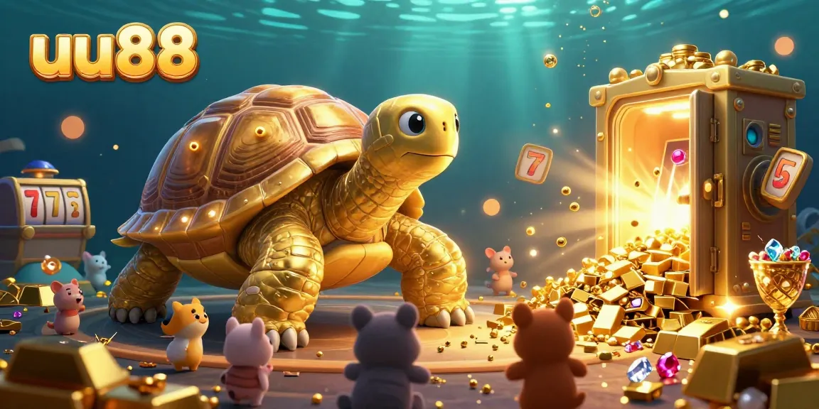 Experience the excitement of uu88 with a vibrant 3D illustration showcasing jackpot slots and treasure.