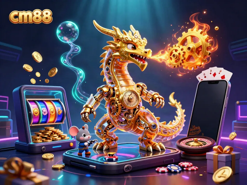 Experience big wins at cm88 with a 3D dragon breathing golden gears and a vibrant gaming scene.