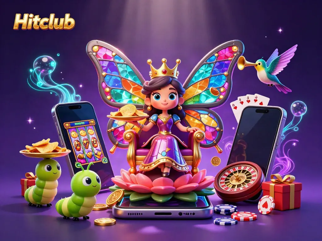 Hitclub's vibrant slot experience showcases a colorful butterfly queen amidst casino excitement with dynamic game elements.