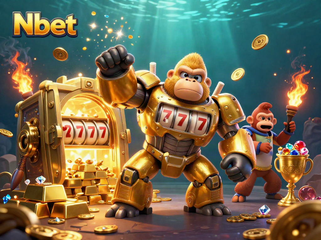 Nbet engages players with vibrant 3D illustration of a golden gorilla mech and explosive coins in a lavish casino setting.