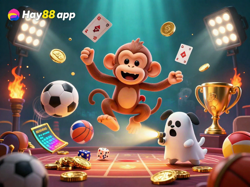 Engage with the Hay88 app in a vibrant haunted casino scene featuring a playful monkey and a curious puppy amidst gold coins and thrilling sports elements.