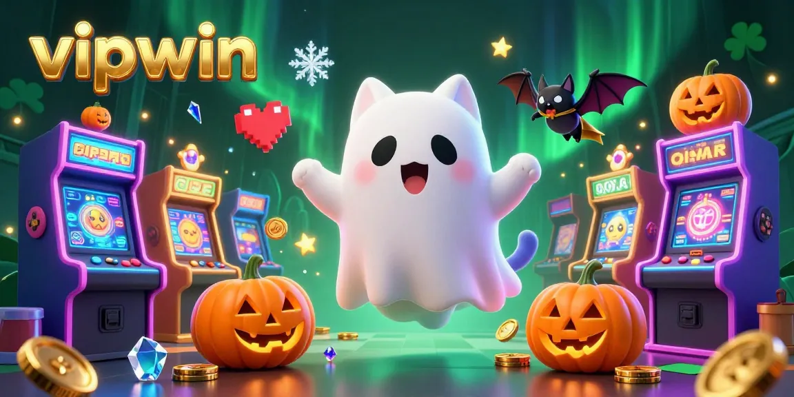 Engage with vipwin in a vibrant casino scene featuring a ghost cat and a bat, filled with gaming excitement.