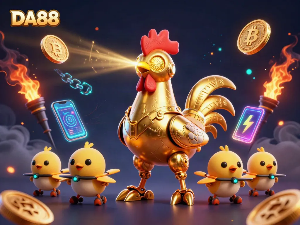 Engage with DA88's thrilling gaming experience featuring a golden rooster robot and baby chick drones.