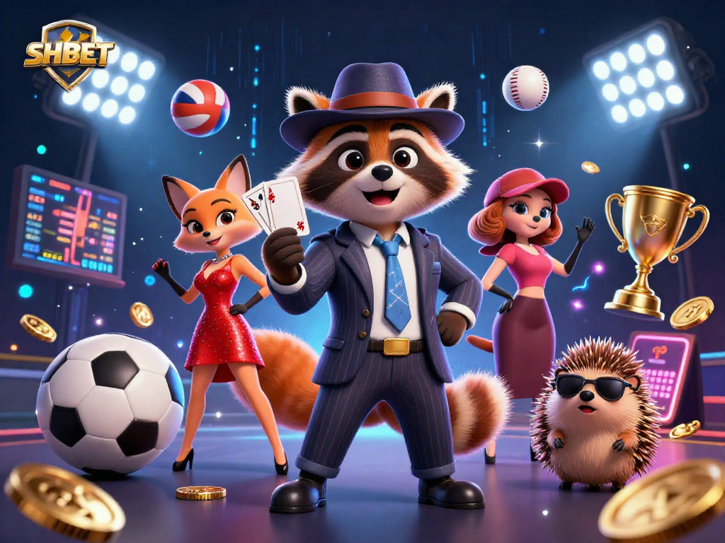 Engage with SHBET's dynamic gaming experience featuring raccoon and fox characters amidst lively casino elements.
