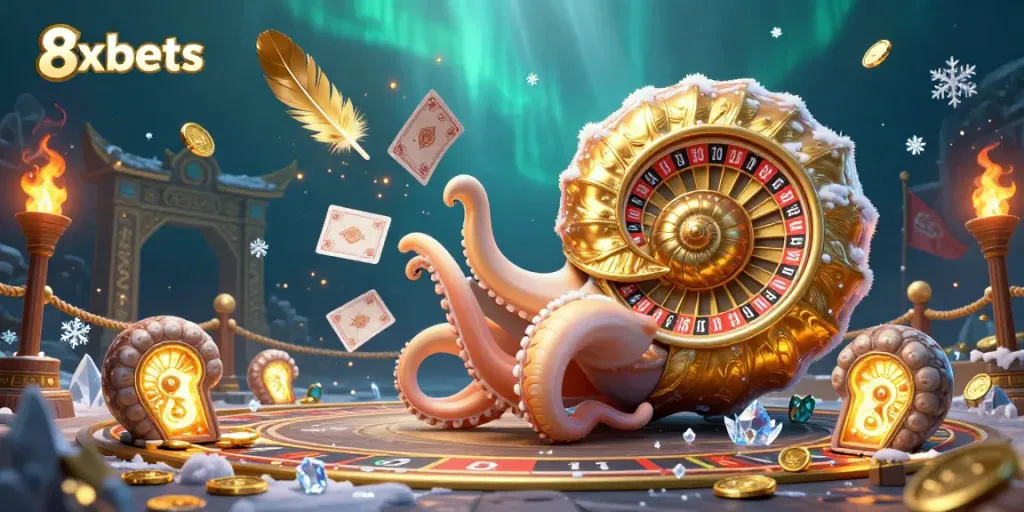 Engage in thrilling gameplay with 8xbets, featuring a giant nautilus roulette wheel and glowing ammonite companions.