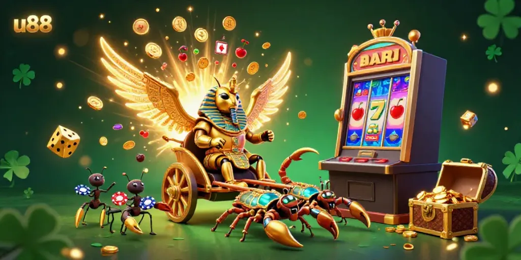 Experience the thrill of u88 with the golden scarab beetle and jewel-encrusted scorpions in an exhilarating casino scene.