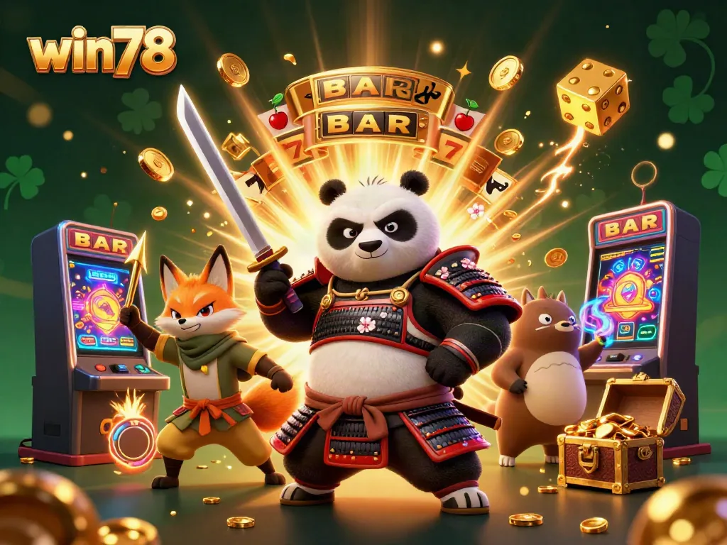Experience the excitement of win78 with a vibrant illustration of samurai panda and casino elements.