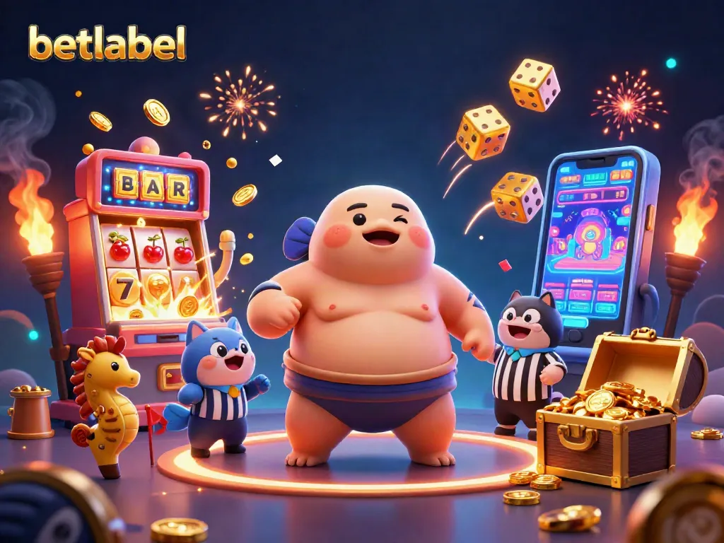 Place your bets with betlabel in this vibrant casino scene featuring 3D characters and dynamic elements.