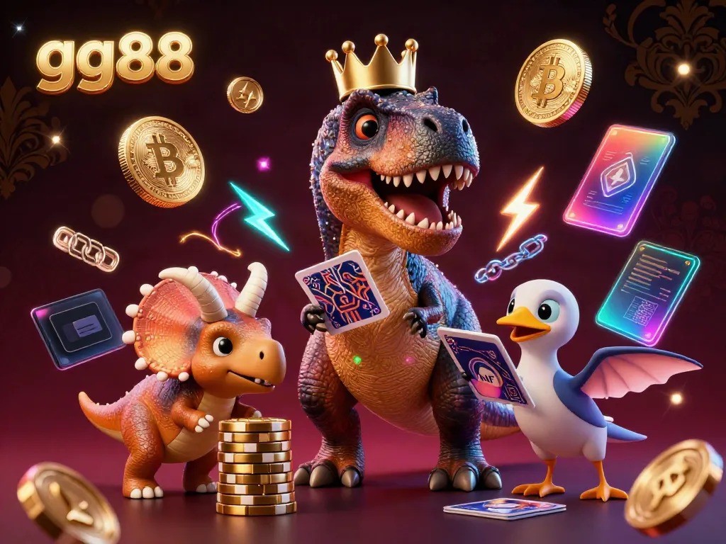 Experience thrilling gaming moments at gg88 with a T-Rex shuffling cards and animated characters