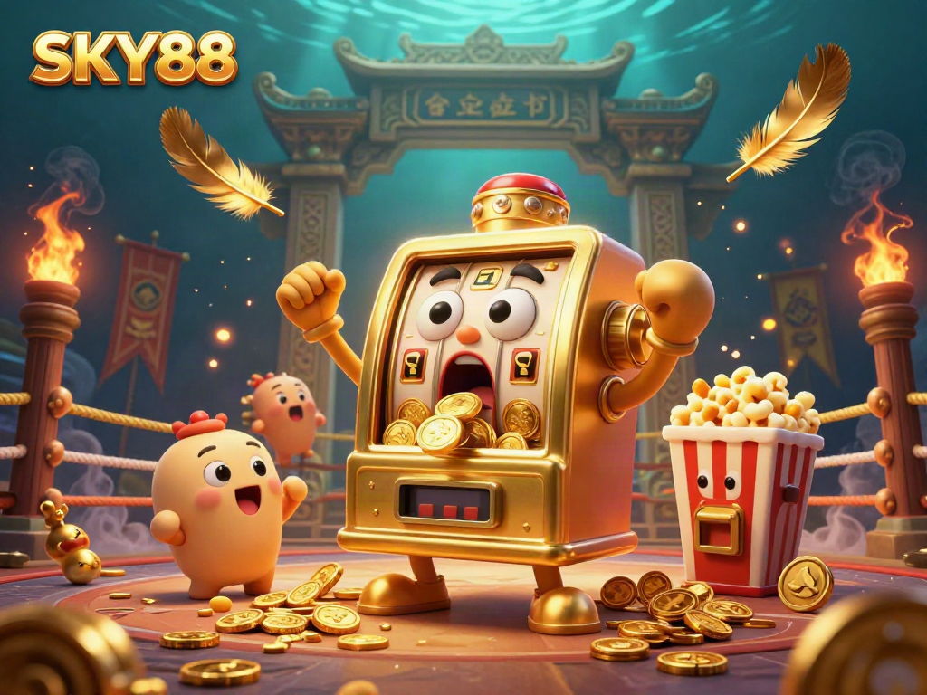 Celebrate wins at SKY88 with a golden slot machine hitting a jackpot amidst cheering companions and vibrant casino elements.