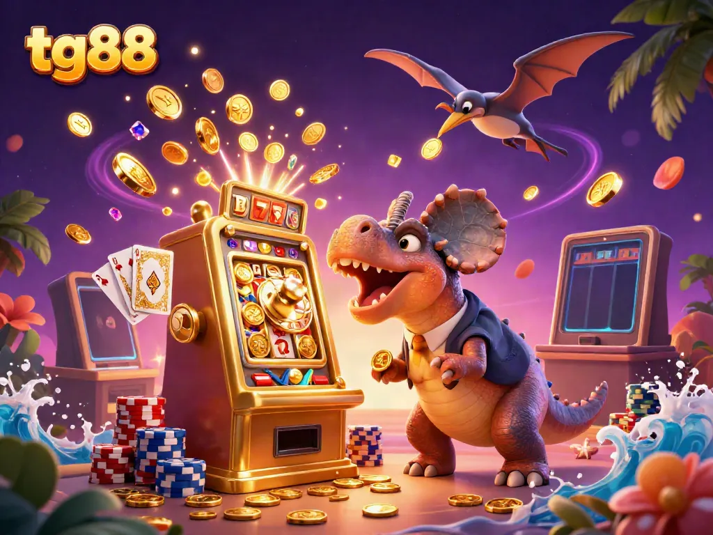 Experience jackpot excitement at tg88 with a dynamic scene of a dinosaur, casino elements, and coins cascading everywhere.