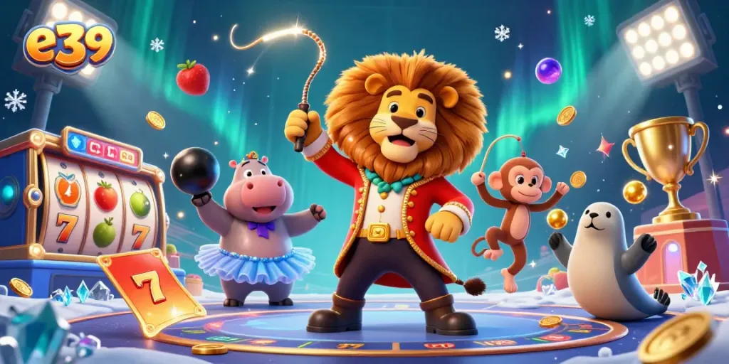 Experience thrilling gameplay at e39, featuring colorful slot reels and lively casino characters.