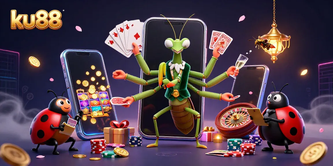 Engage with ku88's vibrant casino world through a dynamic 3D scene featuring thrilling games and characters.