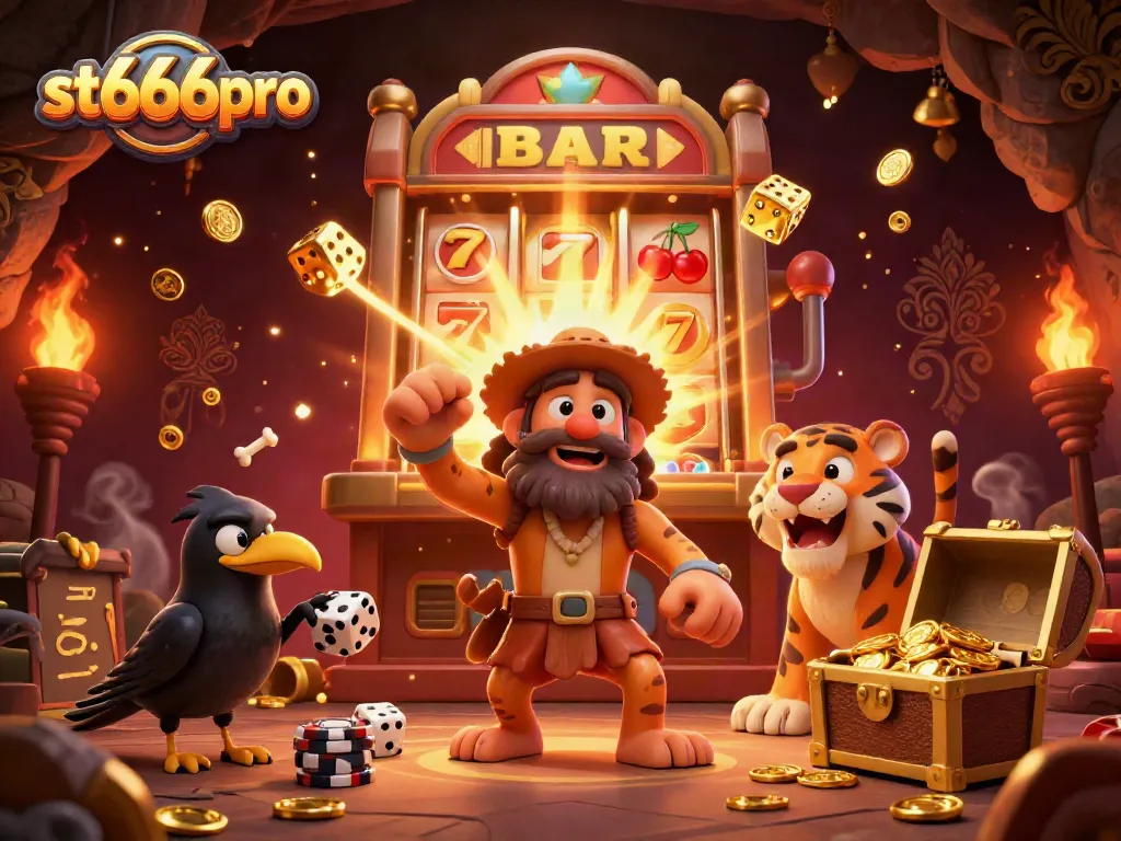 Engage with st666pro at a vibrant prehistoric casino with dynamic gaming elements and characters.