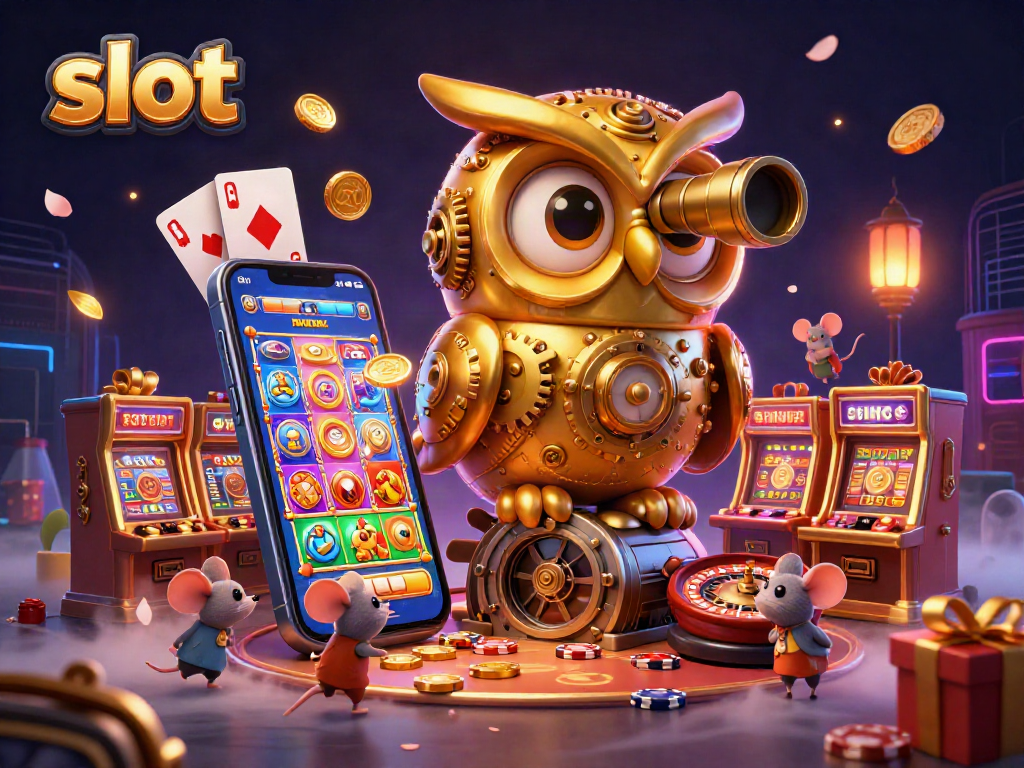 Engage with the captivating slot gaming scene, featuring a clockwork owl and wind-up mice among dynamic casino elements.