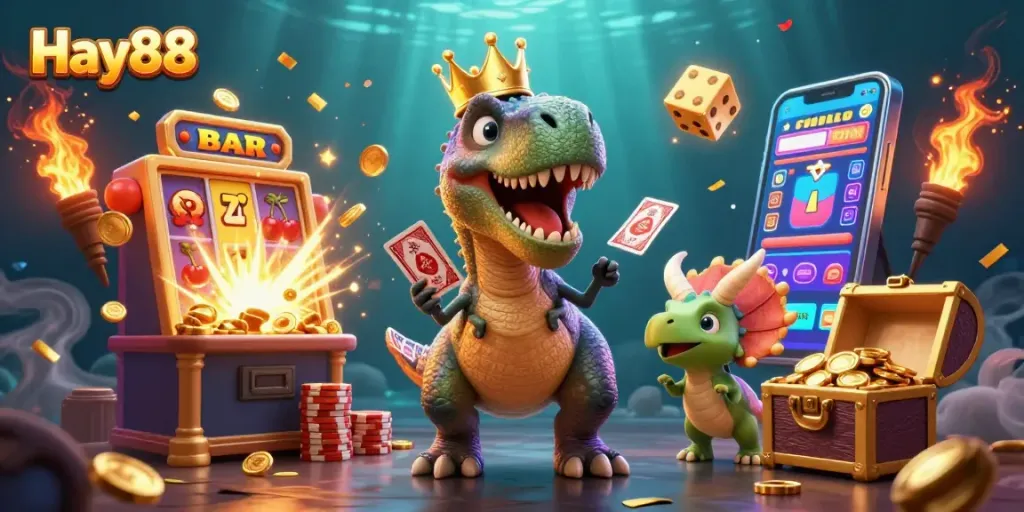 Experience the thrilling action of Hay88 with a T-Rex shuffling cards in a vibrant casino atmosphere.