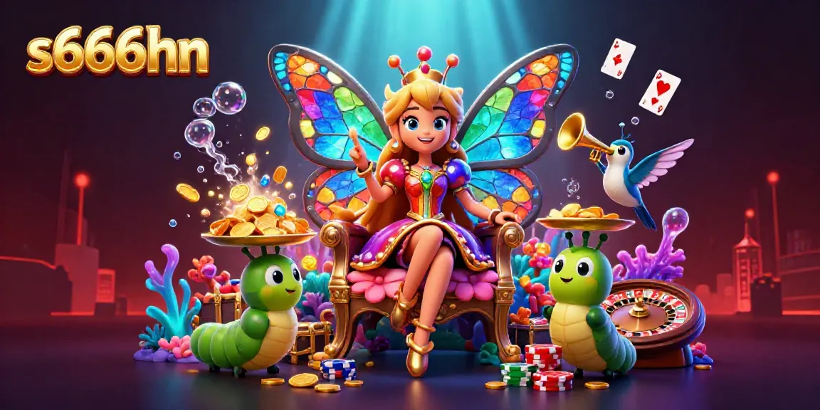 S666hn casino scene illustrating a butterfly queen in a vibrant underwater realm with roulette wheels and games